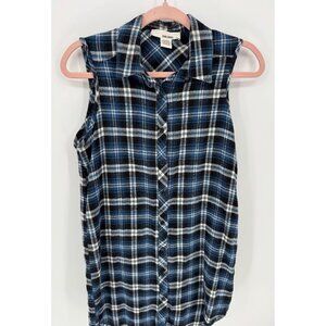 Sans Souci Womens Blue Plaid Sleeveless Button Up Mini Dress Top
